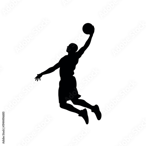 A dynamic black silhouette of a professional basketball player performing a powerful slam dunk in mid-air