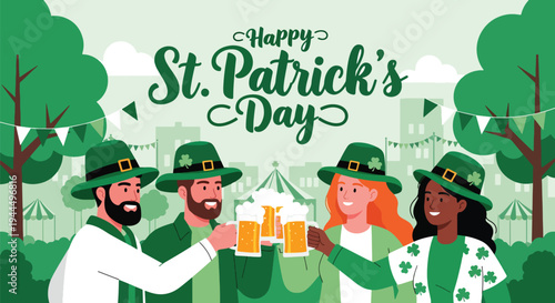 Modern vector illustration of Happy St. Patrick’s Day group of friends wearing green hats celebrating lively Irish spring festival outdoors