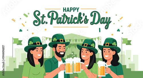 Modern vector illustration of Happy St. Patrick’s Day group of friends wearing green hats celebrating lively Irish spring festival outdoors
