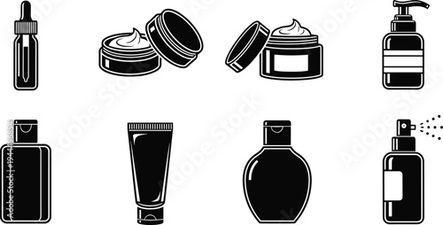 Vector collection of diverse cosmetic packaging icons featuring skincare jars, serum dropper bottles, pump dispensers, lotion tubes, and mist spray bottles for beauty branding designs.