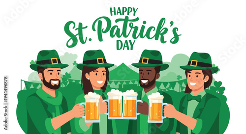 Modern vector illustration of Happy St. Patrick’s Day group of friends wearing green hats celebrating lively Irish spring festival outdoors