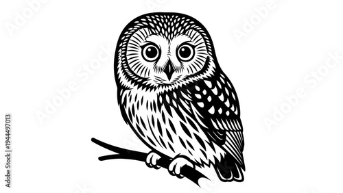 Detailed Black and White Illustration of an Owl Perched on a Branch