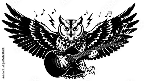 Rockstar Owl Playing Guitar with Wings Spread, Music Notes and Lightning Bolts