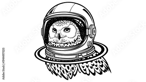 Owl in astronaut helmet, space exploration, science fiction, surreal animal portrait