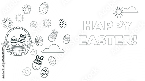 Happy Easter Cute  Doodle  Vector Black White  Background