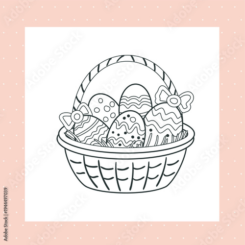 Happy Easter Cute  Doodle  Vector Black White Coloring Page 