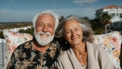 Wallpaper Mural Smiling elderly couple looking at the camera outdoors, with a coastal vista background Torontodigital.ca