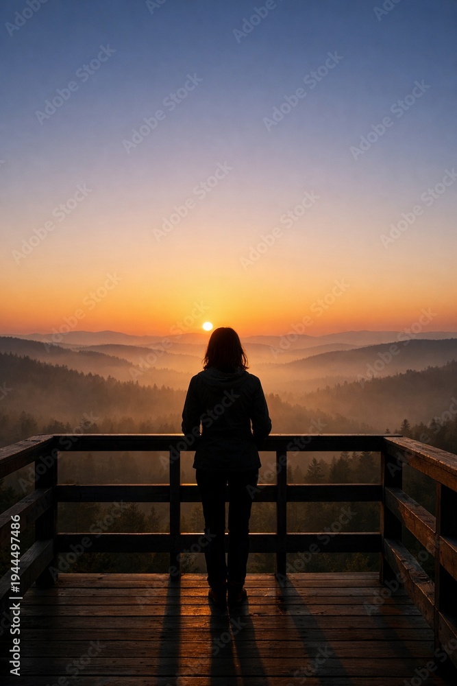 Fototapeta premium Young woman quietly looking over a foggy forest at sunrise representing a digital detox in nature.