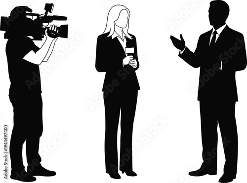 A professional vector illustration of a news interview scene featuring a cameraman filming a female reporter holding a microphone while interviewing a businessman in suit.