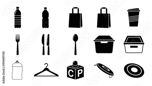 Black and white icons of daily objects.