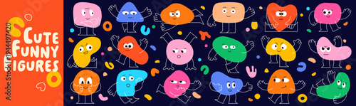 Pack with cute kid characters made from simple geometric figure faces. Color blobs with tiny stick legs, big eyes and funny emotions on blue background.