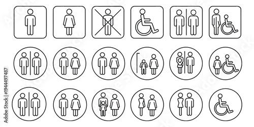Restroom and Accessibility Icon Pictograms in Black and White, Toilet, Handicap, and Public Facility Symbols Vector Illustration.