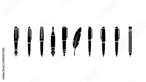 Collection of various pens and a feather.