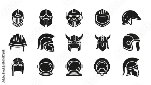 Collection of various helmets and headgear.