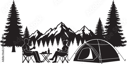 Couple Enjoying a Serene Camping Trip in the Mountains, Relaxing by their Tent Amidst Pine Trees and a Majestic Mountainous Landscape at Dusk
