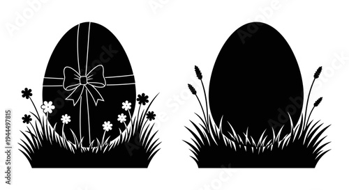 Easter eggs decorated with bow and natural elements in contrasting black and white design Vector, illustration
