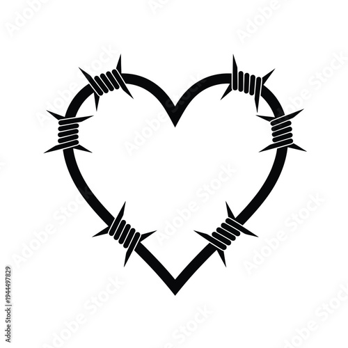 Black heart shape outlined with segments of barbed wire, symbolizing pain or protection.