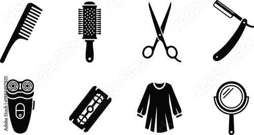 A set of flat black vector icons featuring various hair styling and barber tools, including scissors, combs, brushes, razors, capes, and a hand mirror.