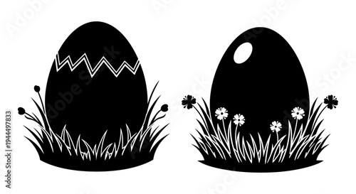 Two distinct decorated eggs emerging from grass with small flowers around them Vector, illustration
