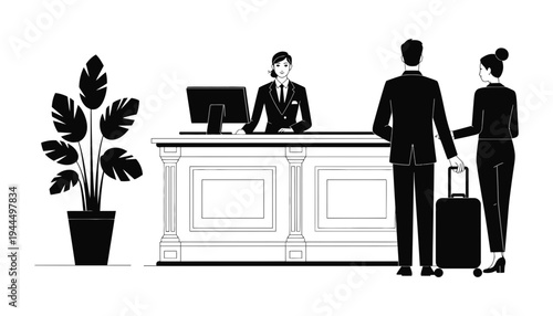 Receptionist greeting couple at hotel check-in desk with computer and plant