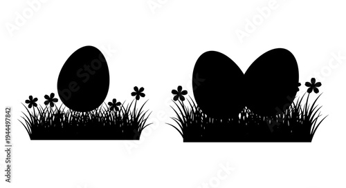 Egg and heart shapes emerging from grass with flowers around them Vector, illustration