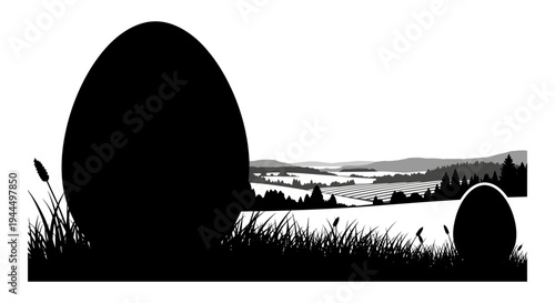 Easter eggs overlooking a serene countryside landscape with fields and hills. Vector, illustration