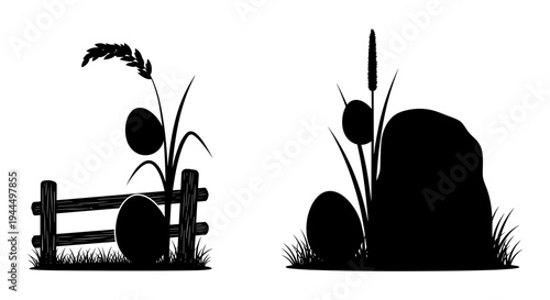 Two contrasting silhouettes of a person interacting with a fence and a rock formation Vector, illustration