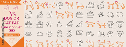 Pets vector icon set. Dog and Cat Pad line icon set ,Animal care and vet clinic icons. Dog, cat, puppy, animals, pets related thin line icon collection. Editable stroke