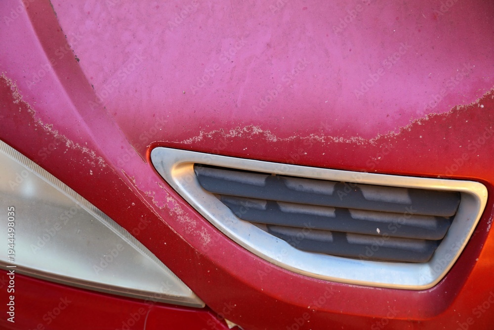 Fototapeta premium Car paint coat sun damage. Peeling sun damaged paint surface in a 20 year old compact red car in Spain.