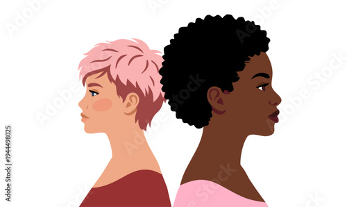 Multicultural women portraits in profile. Diverse female characters with different hairstyles and skin tones. Women diversity and representation concept. Modern flat vector illustration.