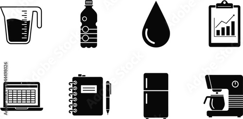 A set of flat black vector icons featuring various household and office items including a laptop, measuring cup, water bottle, refrigerator, and coffee maker.