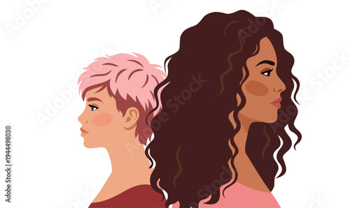 Multicultural women portraits in profile. Diverse female characters with different hairstyles and skin tones. Women diversity and representation concept. Modern flat vector illustration.