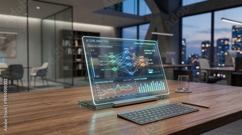 Holographic AI Data Interface on Modern Wooden Desk