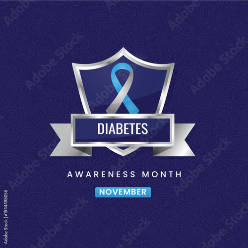 Professional Diabetes Awareness Month graphic for November featuring the signature blue and grey ribbon, silver shield emblem, and a decorative navy blue patterned background.