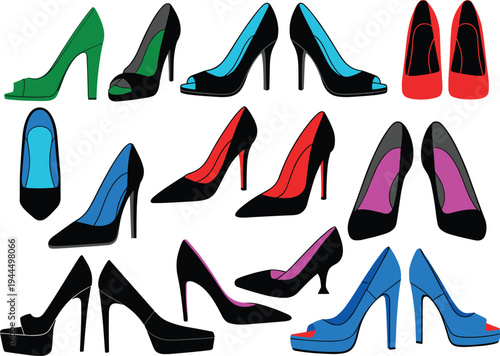 high, heels, shoes, fashion, footwear, women, stilettos, pumps, elegant, stylish, vector, illustration, collection, design, colorful, glamour, trendy, boutique, accessory, luxury