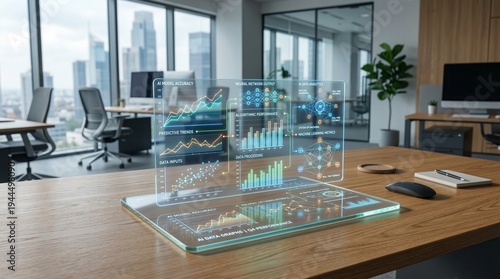 Holographic AI Data Interface on Modern Wooden Desk