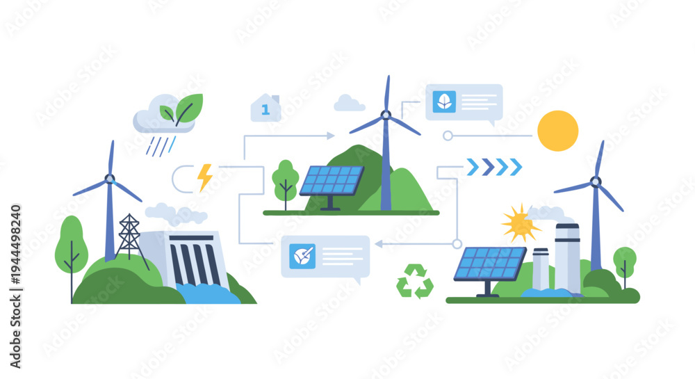 Obraz premium Renewable Energy Sources Network Diagram: Wind, Solar, and Hydro Power Generation for Sustainable Future and Green Economy