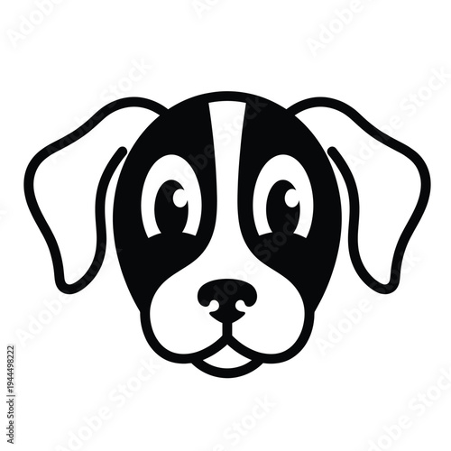 Black and white cartoon illustration of a dog's face with floppy ears and a white stripe.