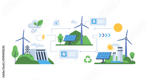 Renewable Energy Sources Network Diagram: Wind, Solar, and Hydro Power Generation for Sustainable Future and Green Economy