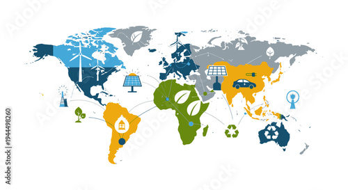 Global Renewable Energy Network Map with Sustainable Technology Icons. Earth's Green Future and Eco-Friendly Development Concept. Environmental Protection.