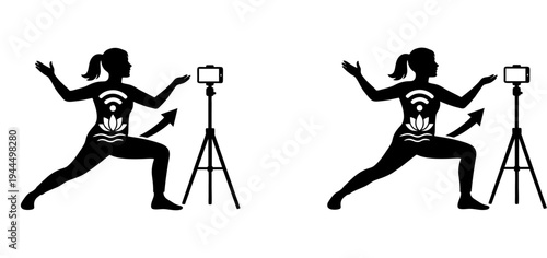 Professional vector illustration featuring silhouettes in yoga pose facing tripod-mounted smartphone with Wi-Fi, lotus, and energy symbols, symbolizing digital wellness, online fitness, and connectivi