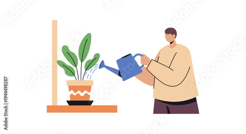 Man Watering Houseplant with Watering Can, Indoor Plant Care & Home Gardening Vector Illustration