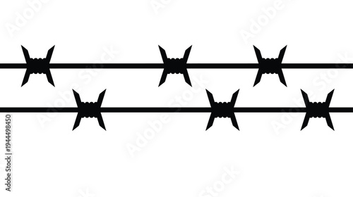 Black silhouette of two parallel strands of barbed wire with sharp barbs, isolated on a white background, symbolizing security or confinement.