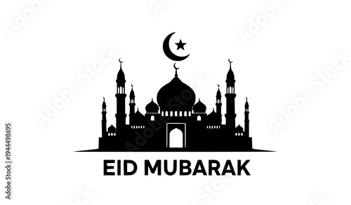Islamic mosque skyline silhouette with Eid Mubarak lettering crescent moon star vector design