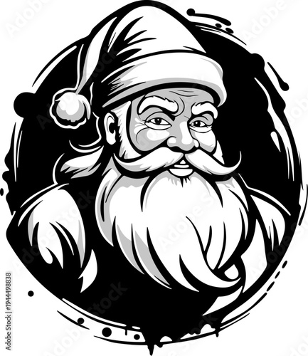 stylized black and white illustration depicting the face of Santa Claus.
