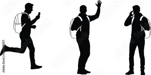 A set of professional black vector silhouettes of a student with a backpack walking, waving, and talking on a mobile phone.