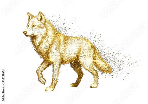 Golden wolf howling in winter isolated on transparent background