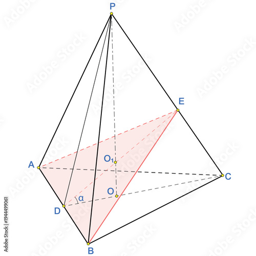 Cross-section of a triangular pyramid through the edge AB at a specified angle to the base. Truncated triangular pyramid. Geometric forms for math education. Basic 3d shape.