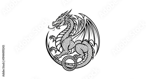 Majestic mythical dragon illustration in black and white vector art, with elegant scales and powerful wings in a circular design.