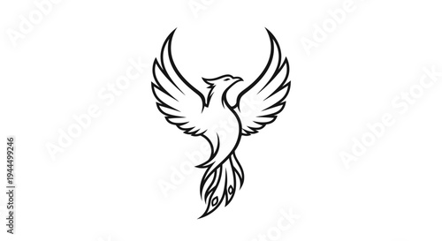 Stylized Phoenix Bird Illustration. Mythical creature rising with outstretched wings. Black and white vector graphic symbol of rebirth and strength.